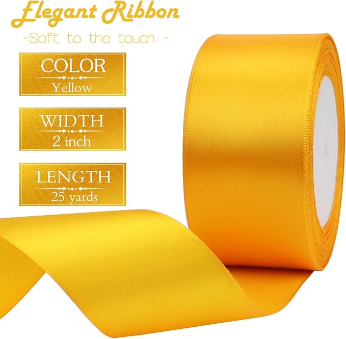 Yellow Solid Satin Ribbon 2 Inch 25 Yards Solid Polyester Fabric Ribbon - Image 3