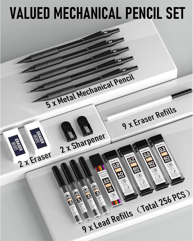 Nicpro Black Art Mechanical Pencil Set, 0.9 mm & 2mm Graphite Lead Holder - Image 7