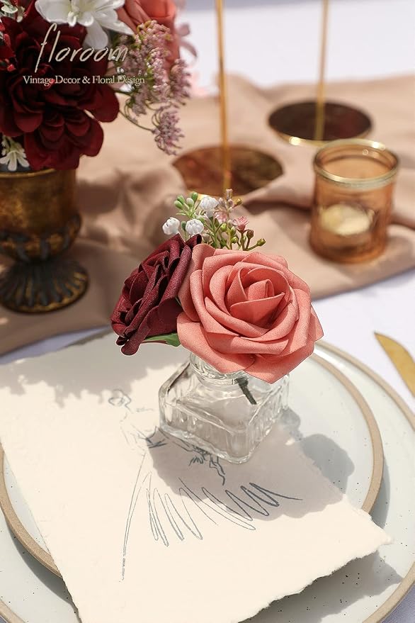 Floroom Artificial Flowers 50pcs Real Looking Burgundy & Pinky Cedar Foam Fake - Image 5