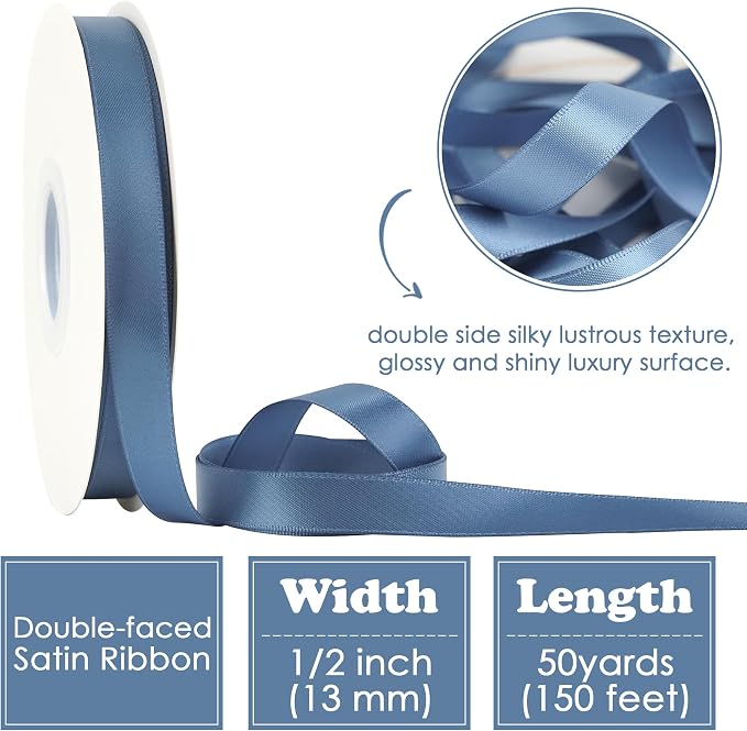 HUIHUANG Satin Ribbon 1/2 inch X 50 Yards Continuous, Smoke Blue Double-Faced - Image 2