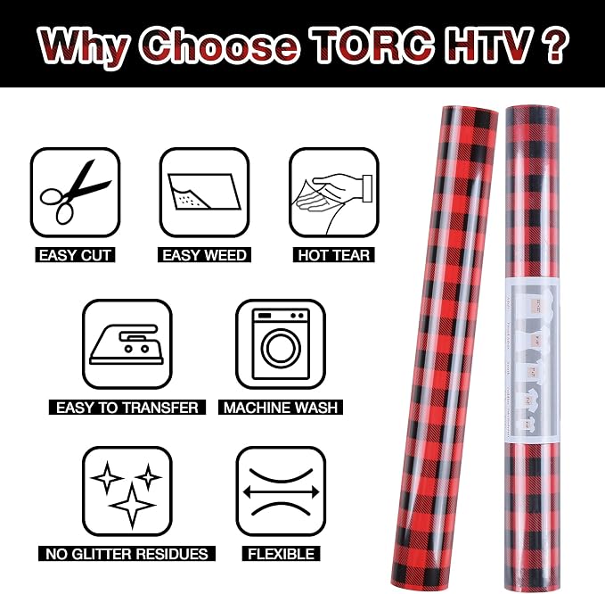 TORC Red Black Buffalo Plaid HTV Vinyl 12 inch x 10 ft, Check Heat Transfer - Image 3