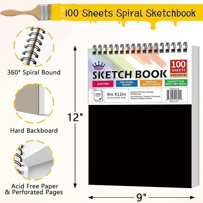 WINNER 9" x 12" Sketch Book 4 Pack, 400 Sheets Spiral Bound Art Sketchbook - Image 2