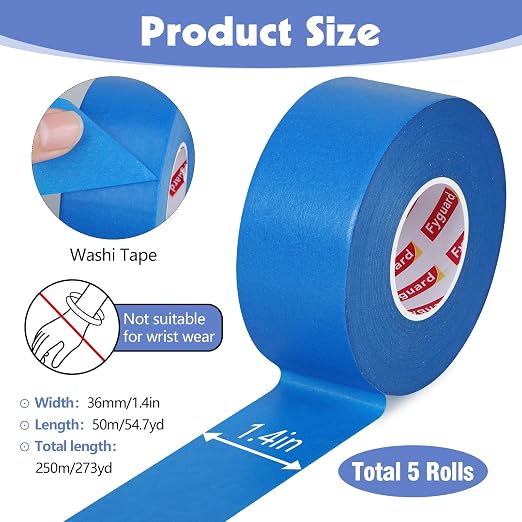5 Rolls Blue Painters Tape 1.42In × 55Yd Wide Blue Masking Tape, Washi Tape - Image 2