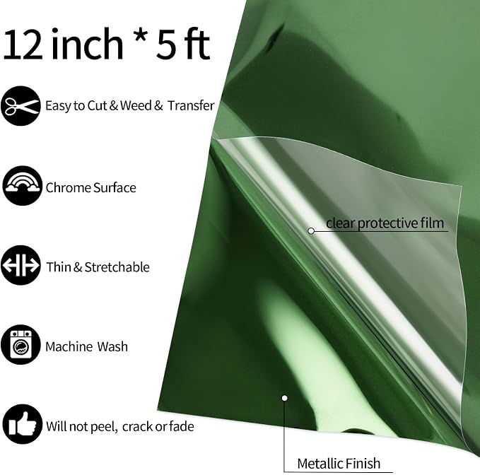 VINYL FROG Metallic Foil HTV Vinyl Roll 12" x5ft Dark Green Chrome Heat - Image 2
