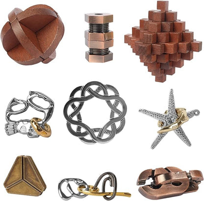 9pcs Retro Wooden and Metal Puzzles Bulk Gift by ActPo