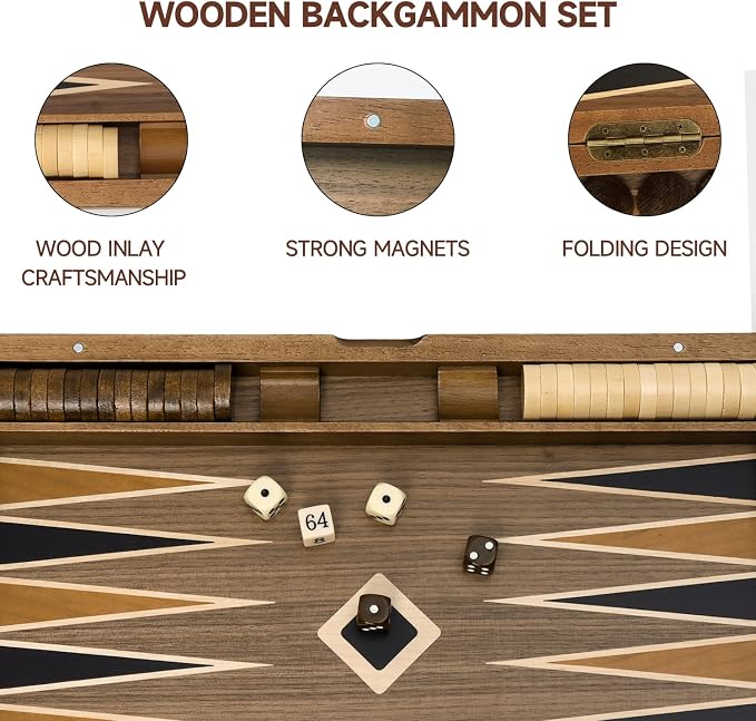 GSE Games & Sports Expert Premium Wooden Folding Inlay Backgammon Board Set - Image 3