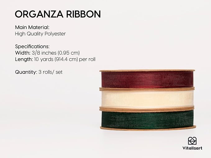 Vitalizart 3/8" x 30Yd Organza Ribbon Christmas Sheer Ribbons Set 10 Yd x 3 - Image 2