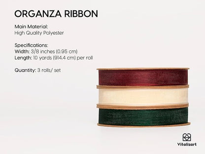 Vitalizart 3/8" x 30Yd Organza Ribbon Christmas Sheer Ribbons Set 10 Yd x 3 - Image 2