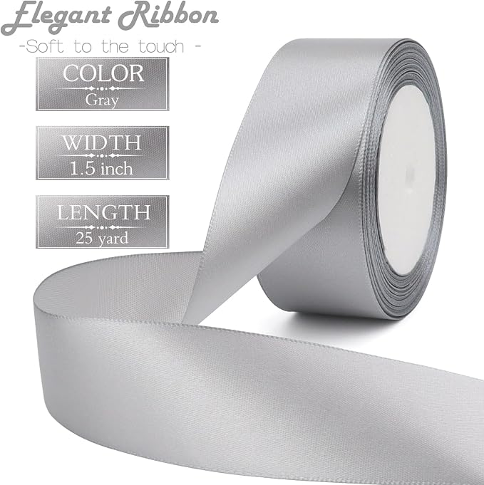 Gray Solid Satin Ribbon 1-1/2 Inch 25 Yards Solid Polyester Fabric Ribbon - Image 2