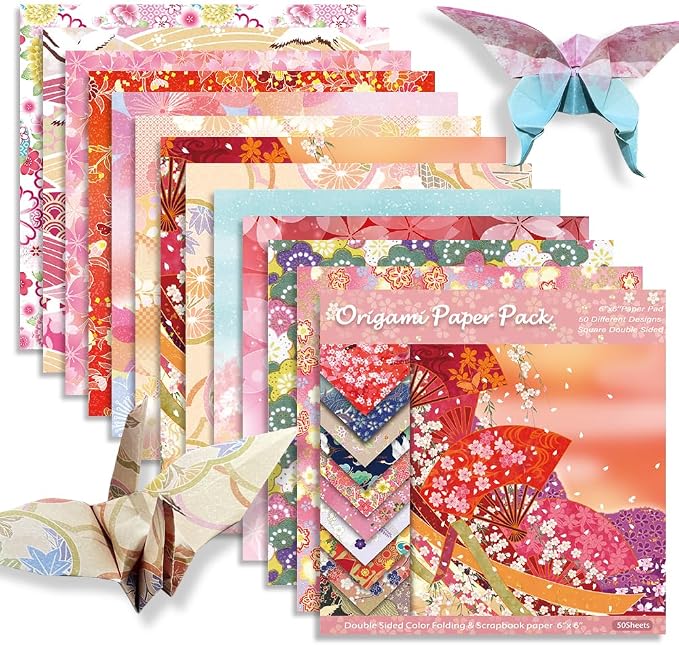 Square Origami Paper 6x6 Double Sided 50 Sheets 50 Colors 70GSM Origami Kit by Mifuner
