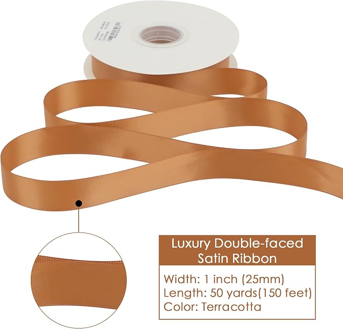 HUIHUANG Terracotta Satin Ribbon 1 Double-Faced Satin Ribbon 50 Yards - Image 2