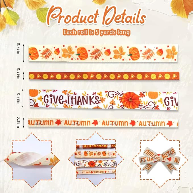 4 PCS Thanksgiving Fall Ribbons Pumpkin Leaves Printed Grosgrain Ribbons White - Image 2