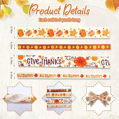 4 PCS Thanksgiving Fall Ribbons Pumpkin Leaves Printed Grosgrain Ribbons White - Image 2