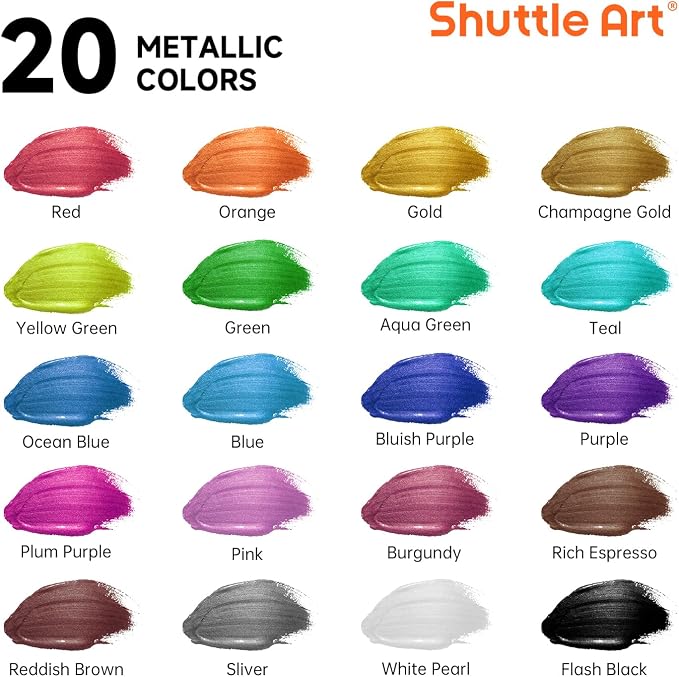 Shuttle Art Metallic Acrylic Paint Set, 20 Colors Metallic Paint in Bottles - Image 2