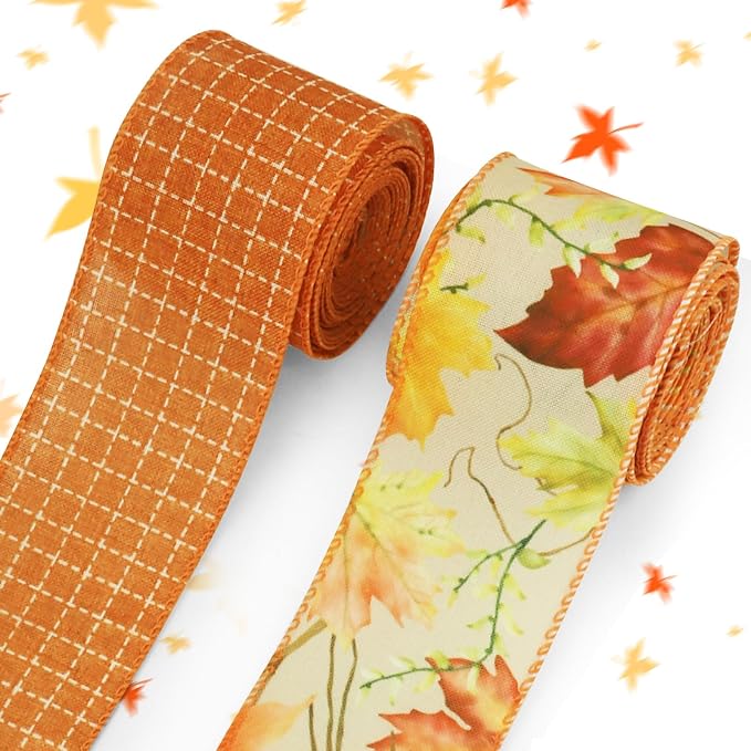 Threetols 2 Rolls 10 Yards Fall Wired Edge Ribbons, 2.5inch Orange Plaid Burlap by Threetols