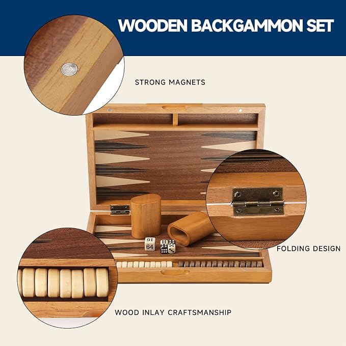 GSE Games & Sports Expert Premium Magnetic Wooden Folding Inlay Backgammon - Image 3