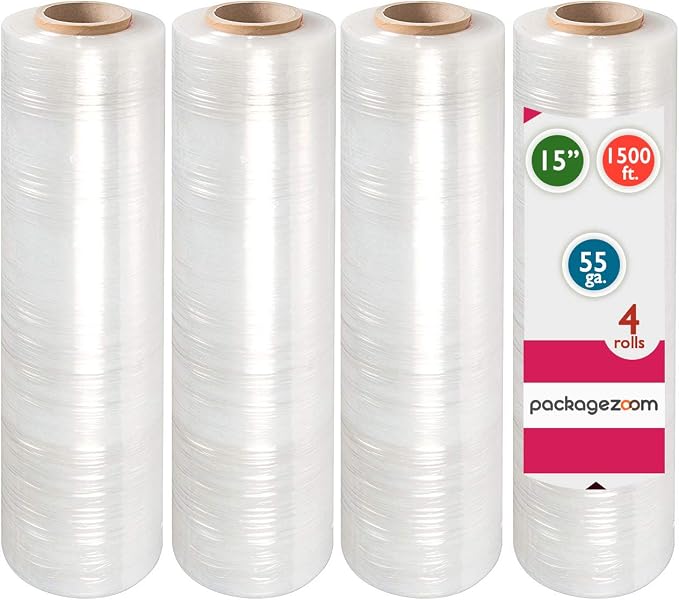 PackageZoom 4 Rolls 15" x 1500 Ft Stretch Wrap Heavy Duty, 55 Gauge High by packagezoom