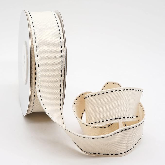 CT CRAFT LLC Ivory Cotton Black Stitched Ribbon 7/8" x 10 Yards - Image 2