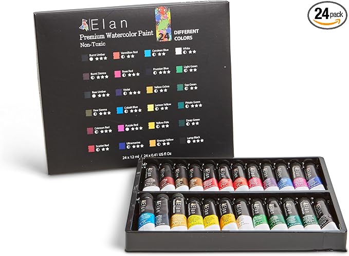 Elan Professional Watercolor Paint Set, 24 Liquid Watercolor Paint Tubes 0.4fl by Elan