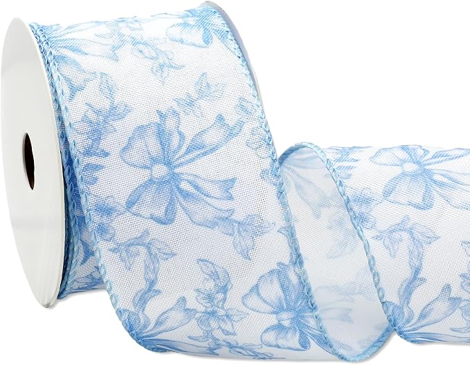 Blue Floral Bow Wired Edge Ribbon Chinoiserie Flower Bowknot Fabric Ribbon by JarThenaAMCS