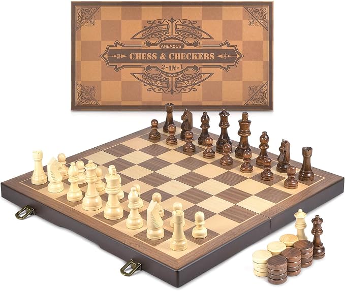 AMEROUS Magnetic Wooden Chess and Checkers Game Set, 15 Inches Chess Board Games - Image 7