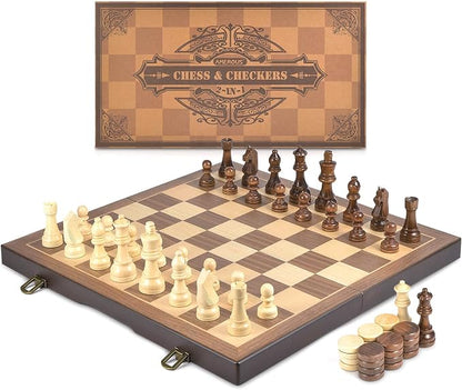 AMEROUS Magnetic Wooden Chess and Checkers Game Set, 15 Inches Chess Board Games - Image 7