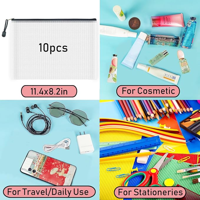 AUSTARK 10 Pcs Zipper File Bags, Waterproof Plastic Mesh Pouch - Image 8