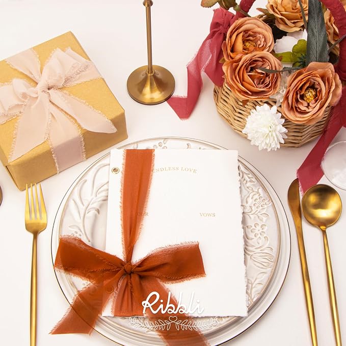 Ribbli Chiffon Silk Ribbon, 1.5 inch x 30 Yard, Champagne/Terracotta/Rust Red - Image 2