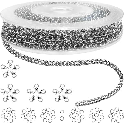 Jishi 33ft Necklace Extender Chain 3mm Silver Stainless Steel Curb Link Chain by Jishi
