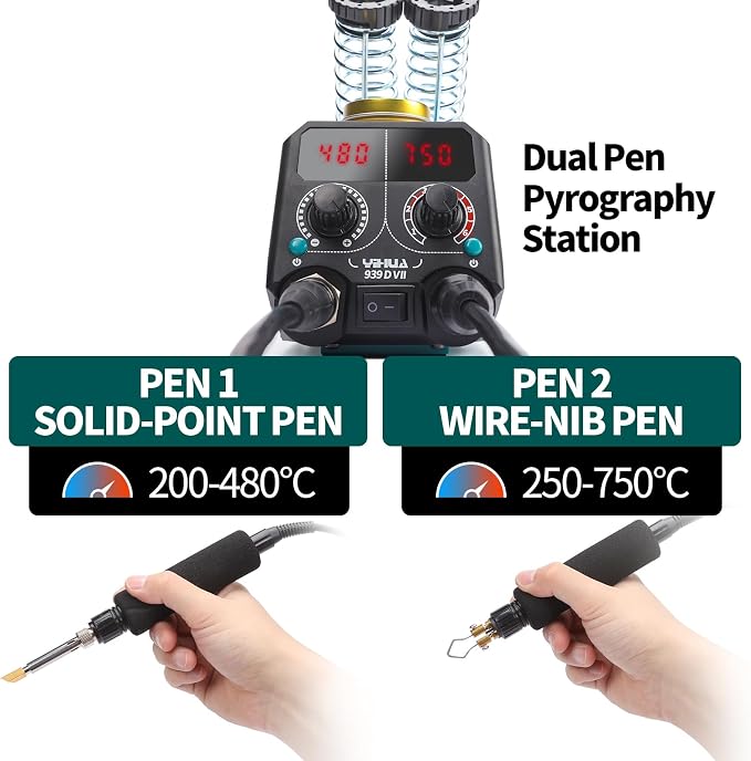 YIHUA 939D-VII Pyrography Tool Wood Burning Pen Kit Station 2-in-1 Solid-Point - Image 2