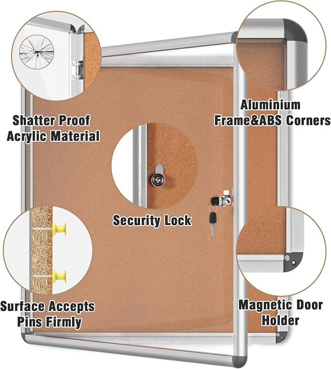 28"x26" Enclosed Bulletin Board, Lockable Weather-Resistant Aluminum Cork - Image 3