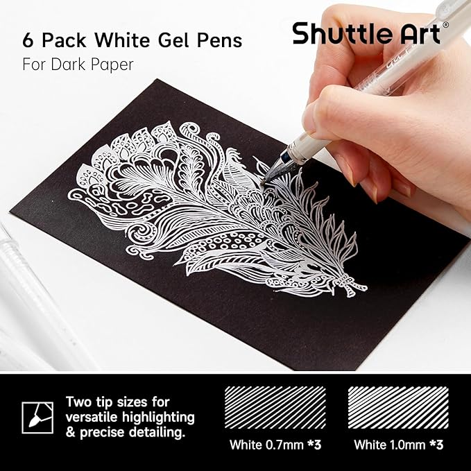 Shuttle Art White Gel Pens, 6 Pack 0.7mm, 1.0mm Gel Ink Pens Fine Point - Image 2