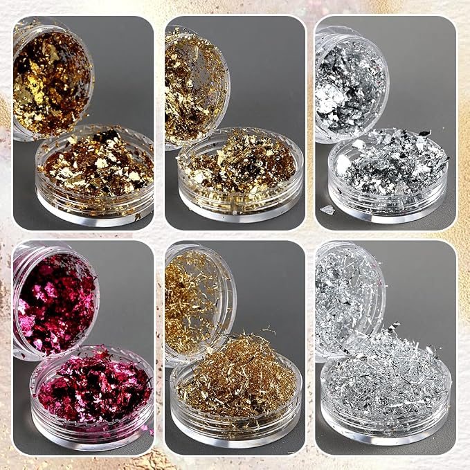 6 Bottles Holographic Nail Glitter Foils, Metallic Gold Silver Hot Pink - Image 5