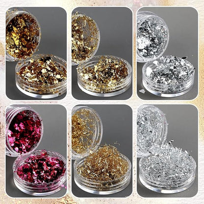 6 Bottles Holographic Nail Glitter Foils, Metallic Gold Silver Hot Pink - Image 5