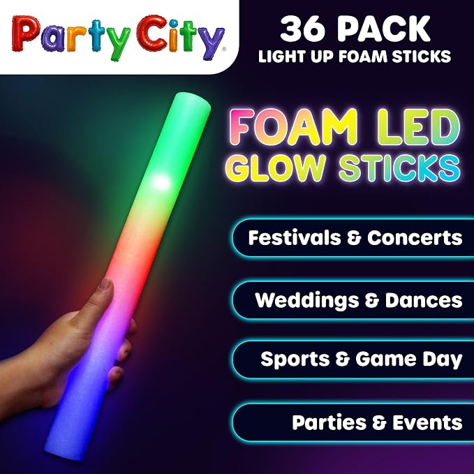 Party City 36pk LED Foam Glow Sticks 14”- Glow in the Dark Party Supplies Favors - Image 2