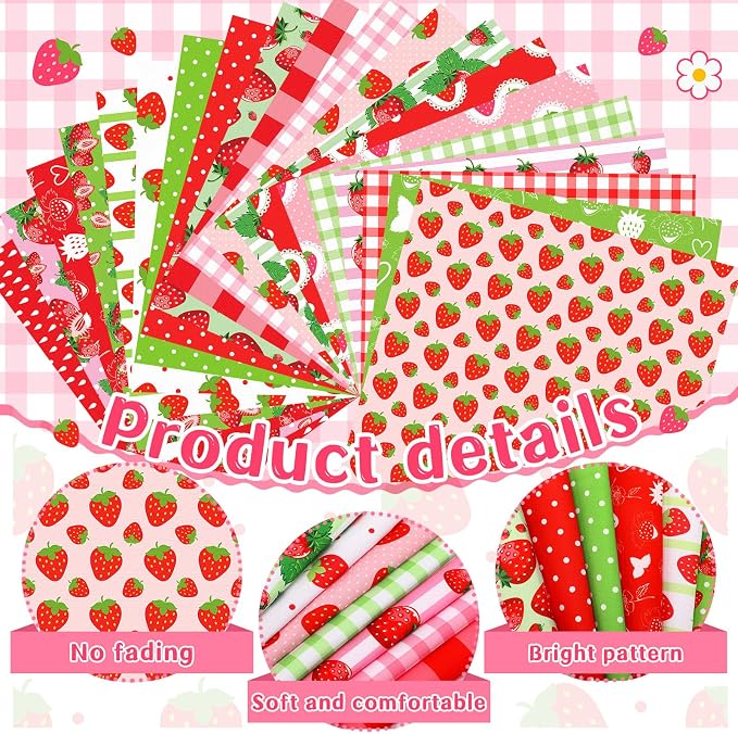 Ganeen 60 Pcs 10 x 10 Inch Strawberry Quilting Fabric Squares Multicolor - Image 5
