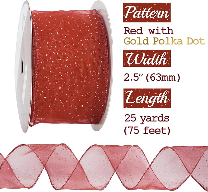 MEEDEE Red Gold Wired Ribbon - Image 2