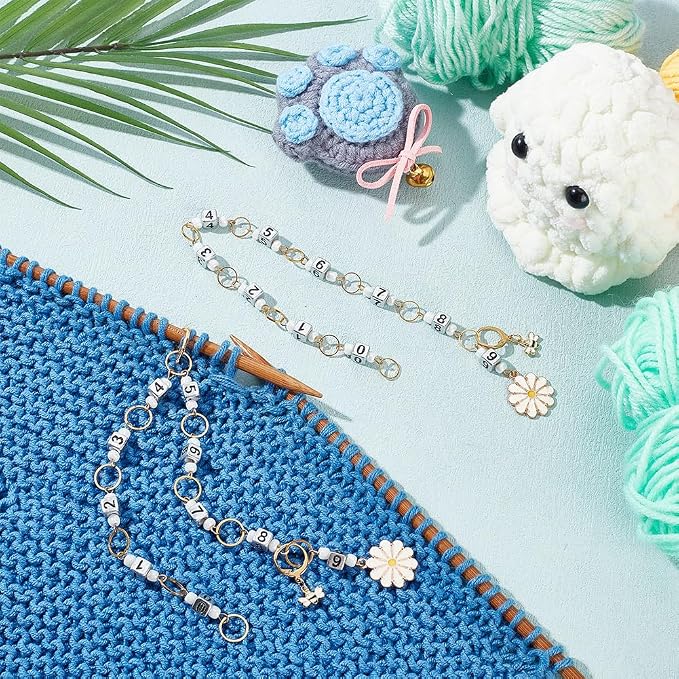 NBEADS 2 Pcs Flower and Bee Knitting Row Counter Chains, Number Beads Acrylic - Image 4