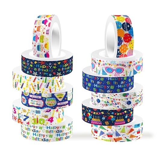 12 Rolls Happy Birthday Washi Tape, Colorful Cake Candles Masking Tapes by Unknown