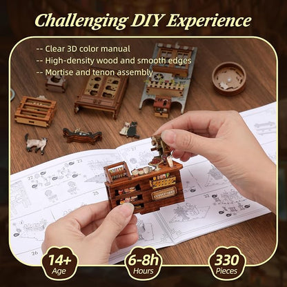 3D Wood Puzzle Book Nook Kit, Caramel Dream Cat Café Bookshelf Insert - Image 4