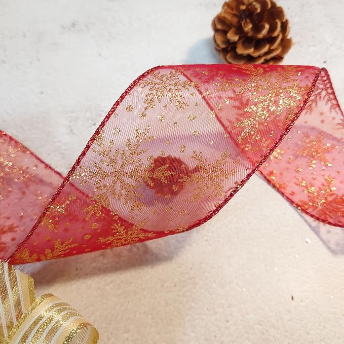 CT CRAFT LLC Organza with Red Glitter Snowflakes Wired Ribbon 2.5 inch x 50 - Image 4
