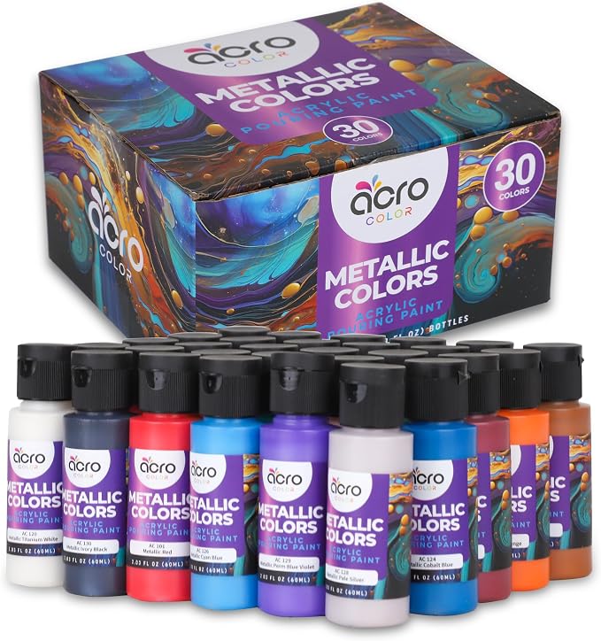 Acrylic Pouring Paint Set | 30 Vibrant Colors Including An Array Of Metallic by AcroColor