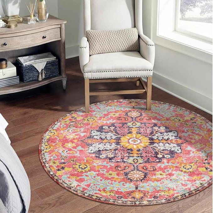 Lahome Bohemian Floral Medallion Round Rug - 3Ft Small Hot Pink Round Area Rug - Image 3