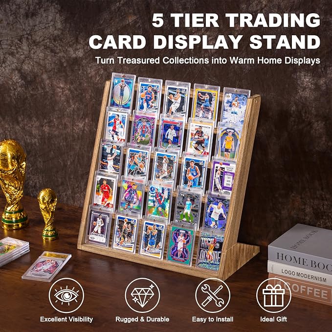 Emfogo Trading Card Display Stand, 5 Tier Sports Graded Card Display, Wooden - Image 2