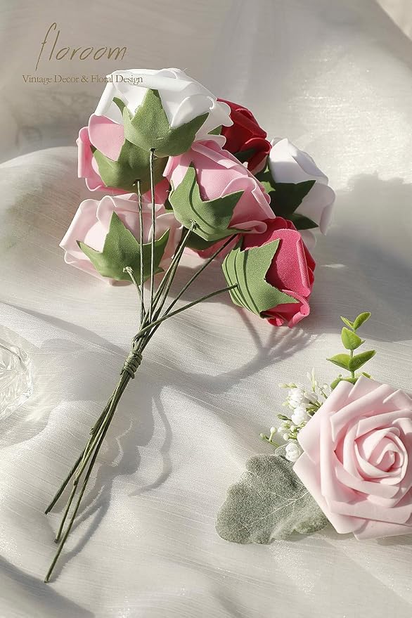 Floroom Artificial Flowers 25pcs Real Looking Blush Pink Ombre Colors Foam Fake - Image 6