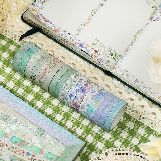 YUBX Spring Washi Tape Set 16 Rolls Flowers Printed Embellishment Green - Image 6