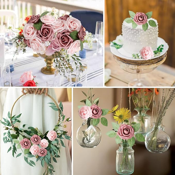 AmyHomie Artificial Flower Warm Taupe & Nude Rose 25pcs Real Looking Fake Roses - Image 5