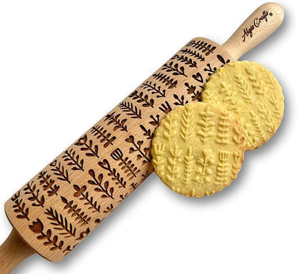 HERBS Embossing rolling pin. Leafy green and flowering plants on embossed dough - Image 2