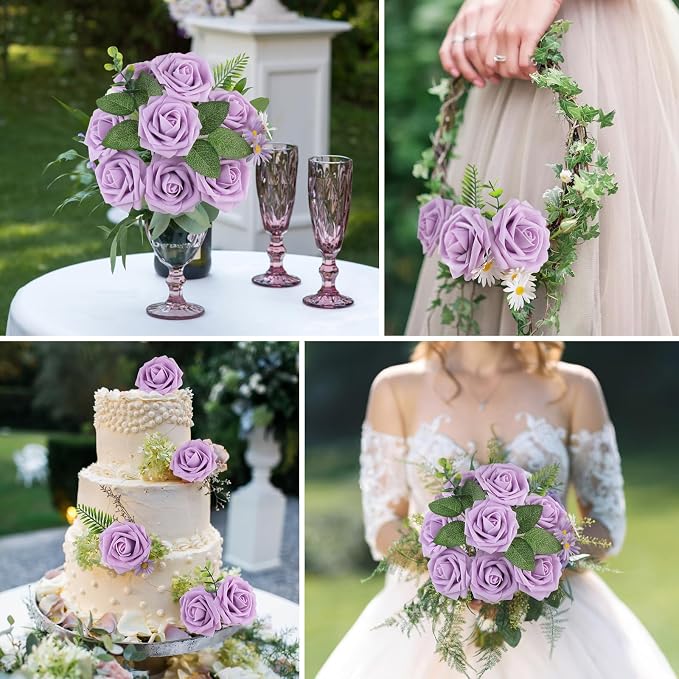 AmyHomie 25pcs Real Looking Artificial Lavender Roses w/Stem - Image 3