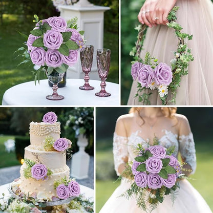 AmyHomie 25pcs Real Looking Artificial Lavender Roses w/Stem - Image 3